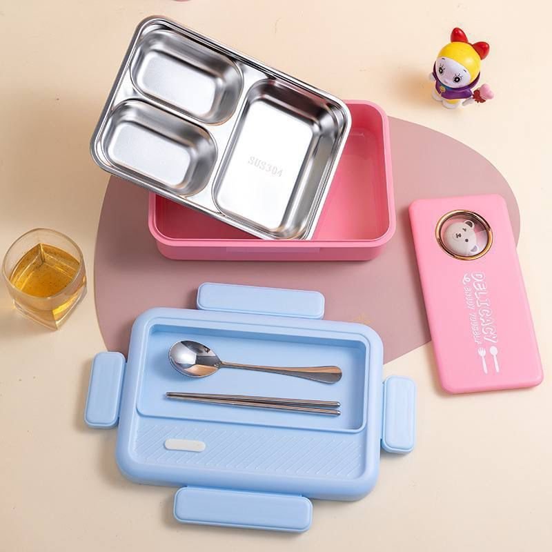 2025/11/1000403560.jpg 3 COMPARTMENT STAINLESS INNER KIDDIES LUNCH PACK WITH SPOON AND FORK - Image 1