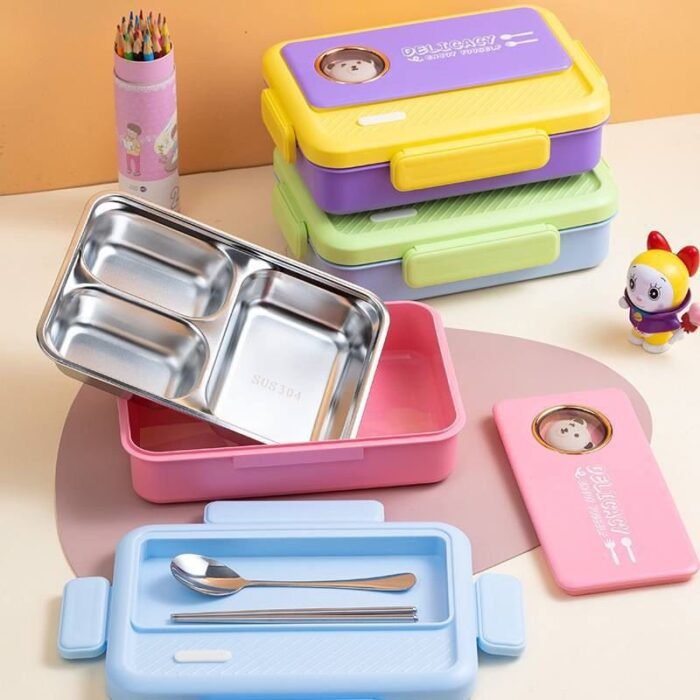 3 COMPARTMENT STAINLESS INNER KIDDIES LUNCH PACK WITH SPOON AND FORK - Image 5