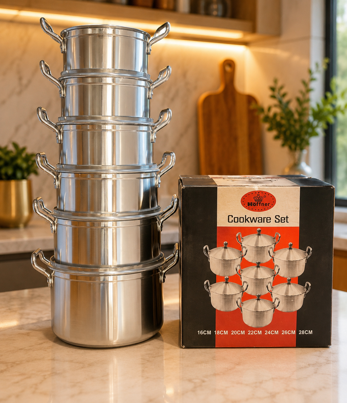 734c91c3-5fe5-408d-89dd-37353a3445ed 7PC HOFFNER ALUMINUM POT SET SIZE(16,18,20,22,24,26&28CM)..(1423) - Image 1