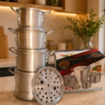 5PC HOFFNER ALUMINUM STOCK POT WITH STEAMER SET SIZE 1.9L,3.3L,5.5L,7.6L and STEAMER(901)