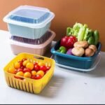 (ON SALES) DOUBLE LAYER VEGETABLE AND FRUIT DRAIN BASKET WITH COVER MULTIFUNCTION REFRIGERATOR STORAGE BOWL ORGANIZER