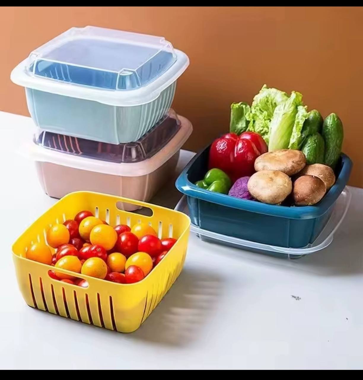 img_0698 (ON SALES) DOUBLE LAYER VEGETABLE AND FRUIT DRAIN BASKET WITH COVER MULTIFUNCTION REFRIGERATOR STORAGE BOWL ORGANIZER - Image 1
