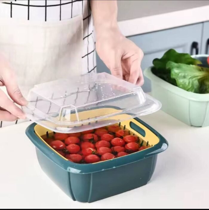 (ON SALES) DOUBLE LAYER VEGETABLE AND FRUIT DRAIN BASKET WITH COVER MULTIFUNCTION REFRIGERATOR STORAGE BOWL ORGANIZER - Image 2