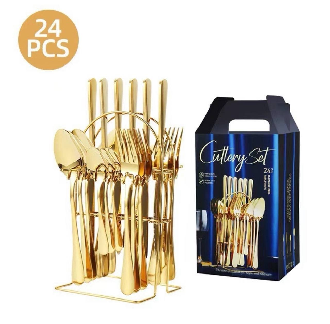 img_1155 24PC QUALITY THICK GOLD CUTLERY SET WITH STAND - Image 1