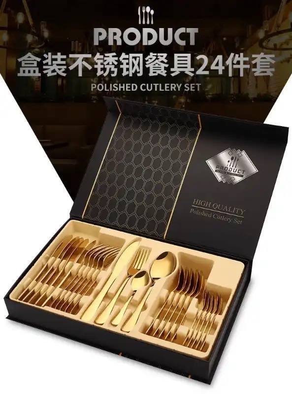 img_1158 24PC SET OF QUALITY GOLD CUTLERY TABLEWARE GIFT BOX
6 TEA SPOON
6 KNIFE
6 SPOON
6 FORK - Image 1