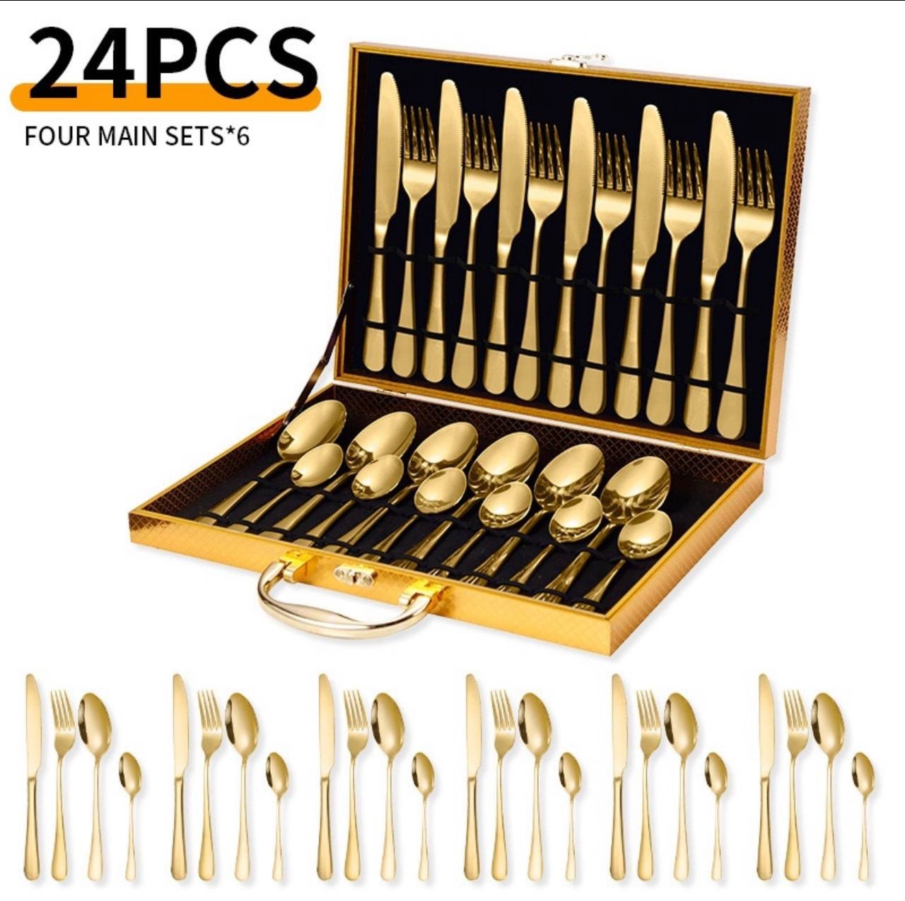 img_1163 24PC QUALITY CUTLERY SET IN A FANCY GOLD BRIEF CASE/BOX(Highest quality)
6 TEA SPOON
6 KNIFE
6 SPOON
6 FORK - Image 1