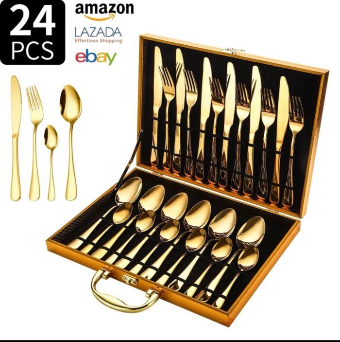 24PC QUALITY CUTLERY SET IN A FANCY GOLD BRIEF CASE/BOX(Highest quality)
6 TEA SPOON
6 KNIFE
6 SPOON
6 FORK - Image 2