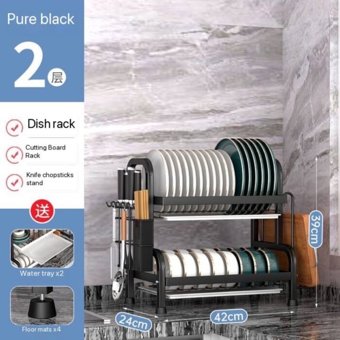 QUALITY STRONG STAINLESS STEEL 2 STEP DISH RACK WITH CUP HOLDER,CHOPPING BOARD HOLDER&KNIFE HOLDER - Image 2