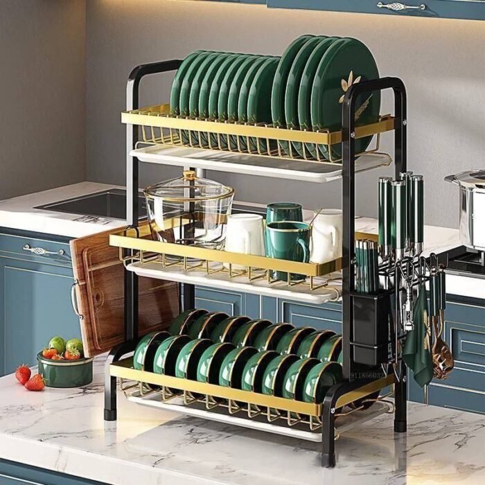 QUALITY STRONG STAINLESS STEEL 3 STEP DISH RACK WITH CUP HOLDER,CHOPPING BOARD HOLDER&KNIFE HOLDER - Image 2