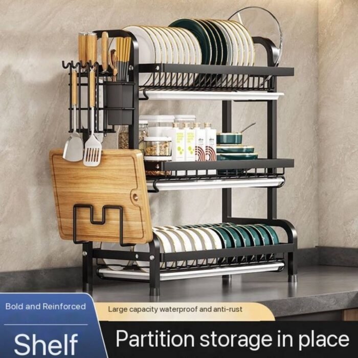 QUALITY STRONG STAINLESS STEEL 3 STEP DISH RACK WITH CUP HOLDER,CHOPPING BOARD HOLDER&KNIFE HOLDER - Image 3