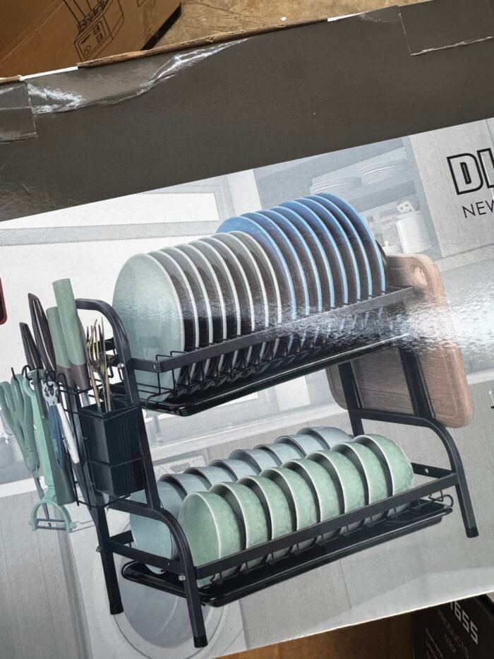 (THICK IRON ROD WITH BLACK TRAY)
2 STEP QUALITY STRONG STAINLESS STEEL DISH RACK WITH CUP HOLDER,CHOPPING BOARD HOLDER&KNIFE HOLDER - Image 2