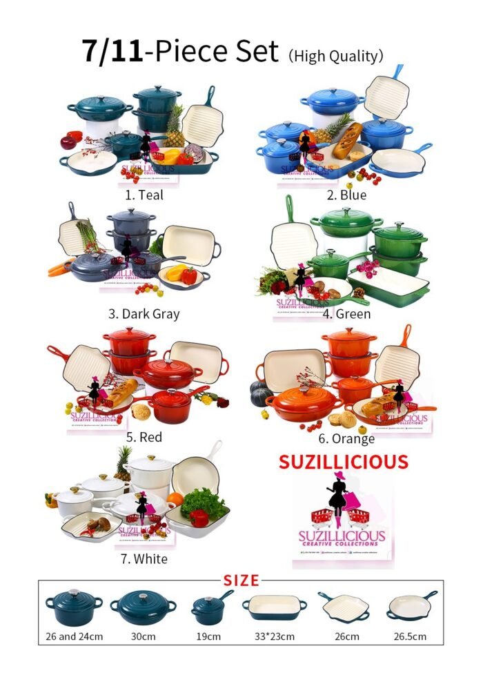 7PC ORIGINAL HIGH QUALITY DURABLE THICK HEAVY ENAMEL CAST IRON POT(Chef standard)••Color Red,Blue&Green••RED CARTON - Image 2