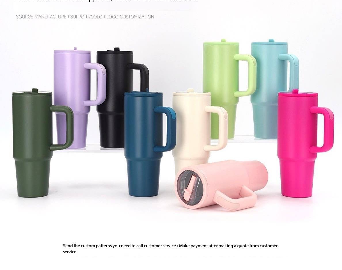 img_0517-2 FANCY STAINLESS STEEL TUMBLER CUP WITH HANDLE AND POP UP and FOLDABLE STRAW(Stainless inner,can keep cold or hot and a pop up straw) - Image 1
