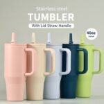 FANCY STAINLESS STEEL TUMBLER CUP WITH HANDLE AND POP UP and FOLDABLE STRAW(Stainless inner,can keep cold or hot and a pop up straw) - Image 2