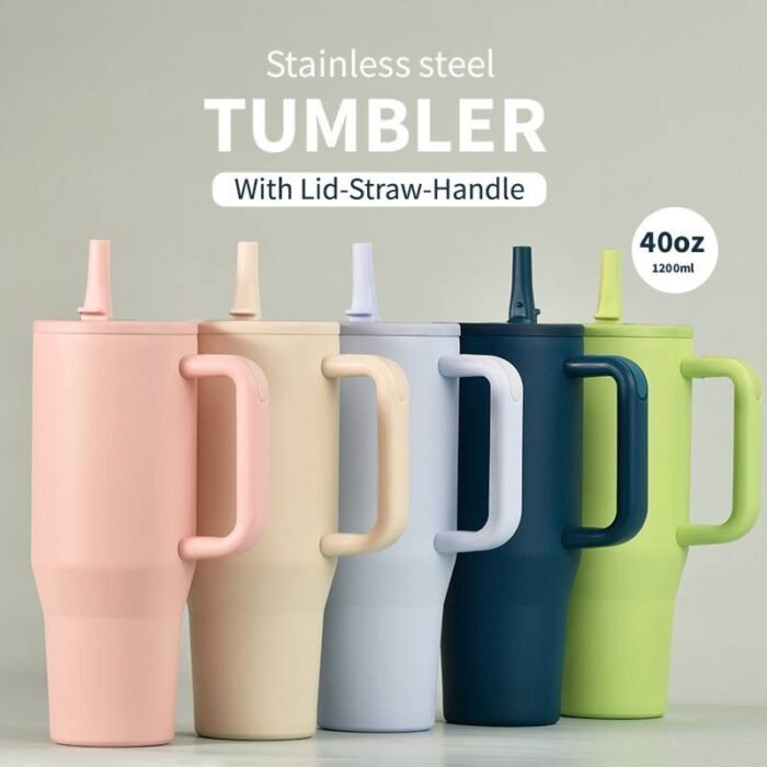 FANCY STAINLESS STEEL TUMBLER CUP WITH HANDLE AND POP UP and FOLDABLE STRAW(Stainless inner,can keep cold or hot and a pop up straw) - Image 2