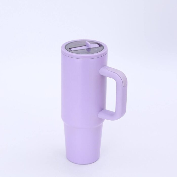 FANCY STAINLESS STEEL TUMBLER CUP WITH HANDLE AND POP UP and FOLDABLE STRAW(Stainless inner,can keep cold or hot and a pop up straw) - Image 3