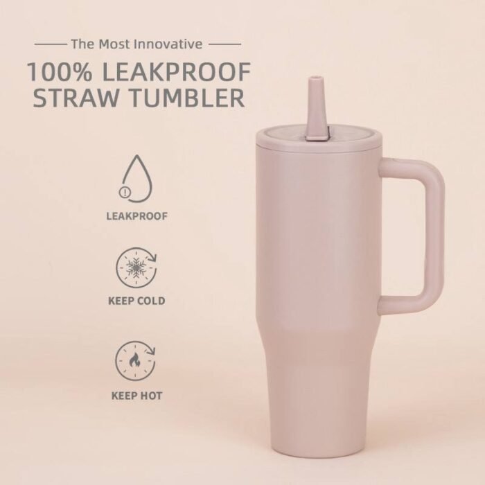 FANCY STAINLESS STEEL TUMBLER CUP WITH HANDLE AND POP UP and FOLDABLE STRAW(Stainless inner,can keep cold or hot and a pop up straw) - Image 6
