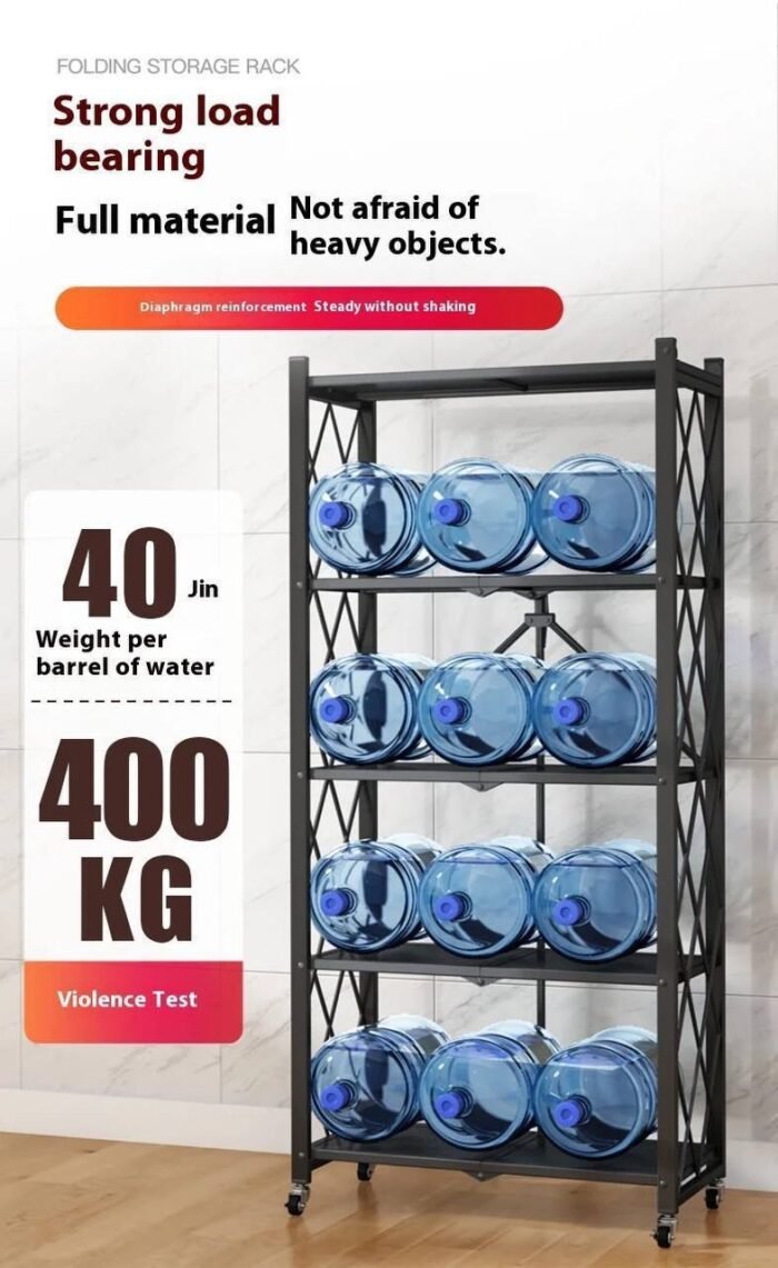 5 TIERS BLACK HEAVY DUTY METAL FOLDABLE STORAGE SHELF FOR KITCHEN/BATHROOM/LIVING & BEDROOM - Image 2