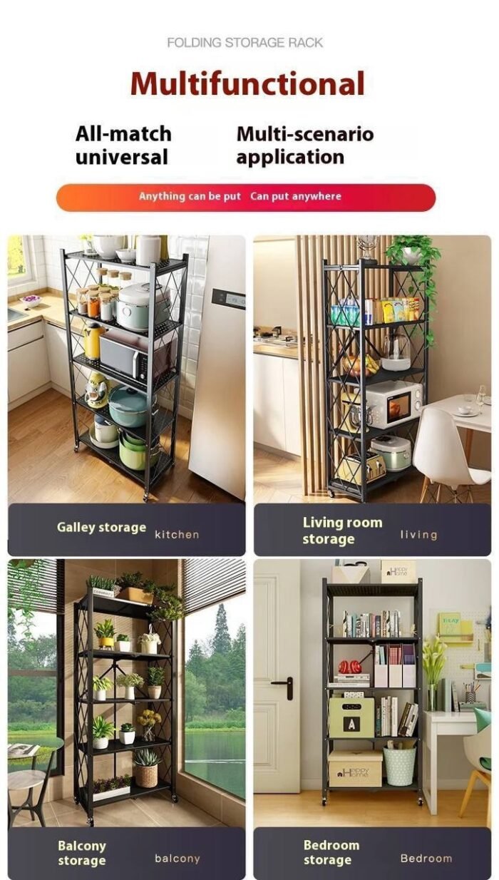 5 TIERS BLACK HEAVY DUTY METAL FOLDABLE STORAGE SHELF FOR KITCHEN/BATHROOM/LIVING & BEDROOM - Image 3