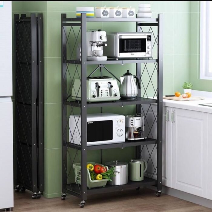 5 TIERS BLACK HEAVY DUTY METAL FOLDABLE STORAGE SHELF FOR KITCHEN/BATHROOM/LIVING & BEDROOM - Image 4