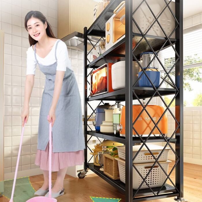 5 TIERS BLACK HEAVY DUTY METAL FOLDABLE STORAGE SHELF FOR KITCHEN/BATHROOM/LIVING & BEDROOM - Image 5