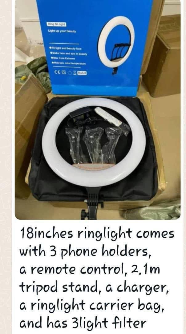 img_0739-2 (ON SALES) 18 INCHES RINGLIGHT(BLUE CARTON)
WITH 3 PHONE HOLDER
2.1M TRIPOD STAND
CHARGER
CARRIER BAG
REMOTE CONTROL - Image 1