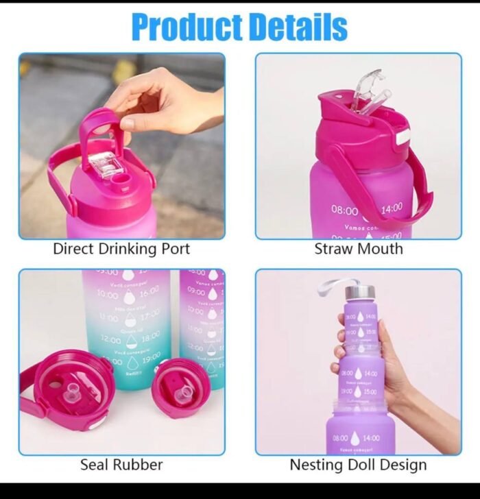 3IN1 MOTIVATIONAL WATER BOTTLE WITH STRAW (2000ml,700ml,300ml)NO BLACK COLOR - Image 7