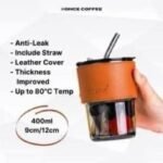 BIG SIZE LEATHER GRIP QUALITY THICK GLASS CUP WITH GLASS STRAW - Image 2