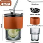 BIG SIZE LEATHER GRIP QUALITY THICK GLASS CUP WITH GLASS STRAW - Image 3