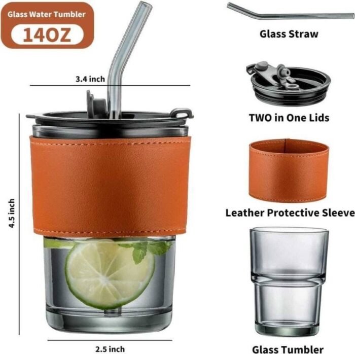 BIG SIZE LEATHER GRIP QUALITY THICK GLASS CUP WITH GLASS STRAW - Image 3
