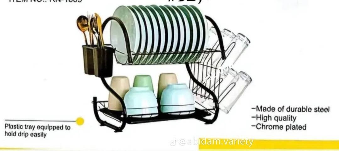 img_1084-3 18INCHES DOUBLE STEP STAINLESS STEEL PLATE RACK WITH CUP AND SPOON HOLDER - Image 1