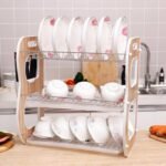 22INCHES 3 LAYER RASHNIK WOOD B SHAPE RASHNIK PLATE RACK WITH CUP AND CUTLERY HOLDER