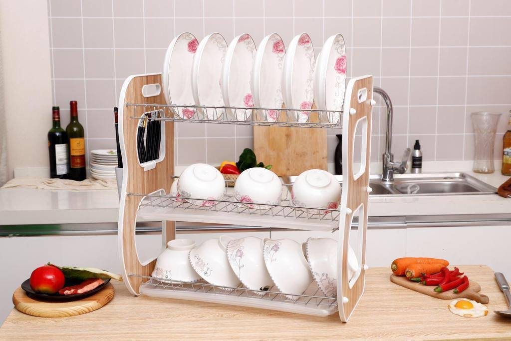 img_1085-2 22INCHES 3 LAYER RASHNIK WOOD B SHAPE RASHNIK PLATE RACK WITH CUP AND CUTLERY HOLDER - Image 1