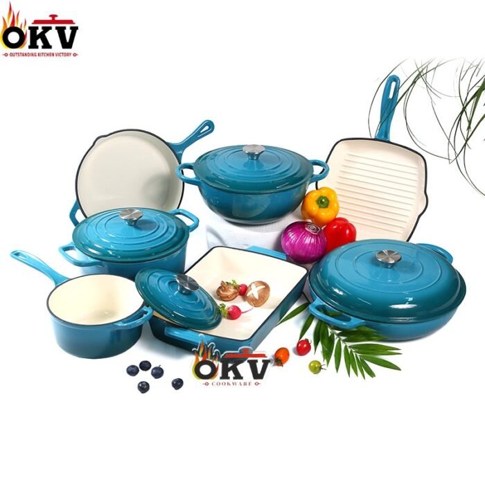 7PC ORIGINAL HIGH QUALITY DURABLE THICK HEAVY ENAMEL CAST IRON POT(Chef standard)••Color Red,Blue&Green••RED CARTON - Image 5