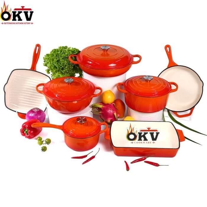 7PC ORIGINAL HIGH QUALITY DURABLE THICK HEAVY ENAMEL CAST IRON POT(Chef standard)••Color Red,Blue&Green••RED CARTON - Image 3