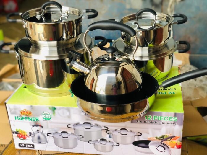 12PC HOFFNER HF-1204 QUALITY STAINLESS STEEL COOKWARE SET POT SIZE 16,18,20,24,24CMi FRYPAN AND 2LTR KETTLE - Image 2