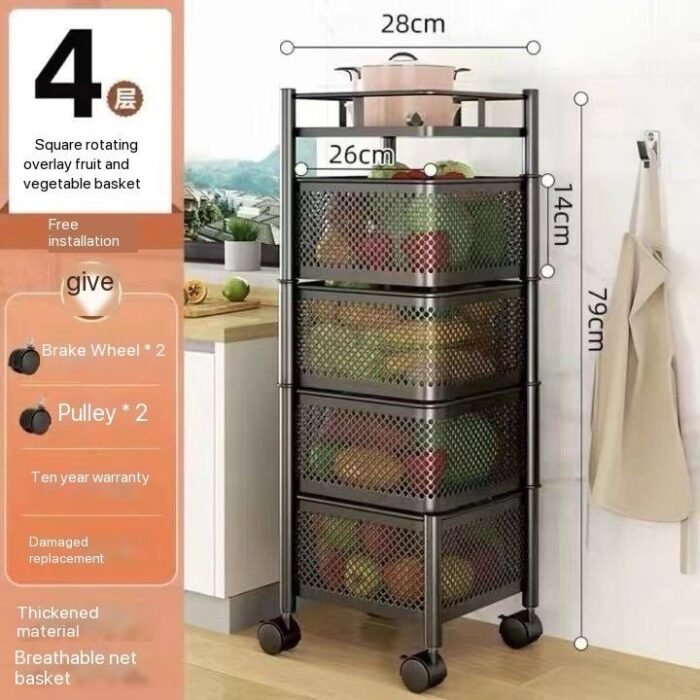 4 and 5 LAYER BOX SHAPE 360 DEGREE ROTATING FRUIT,VEGETABLE TROLLEY RACK WITH WHEELS 

Can be used in the Kitchen,Bathroom,Bedroom,Living room and office - Image 5