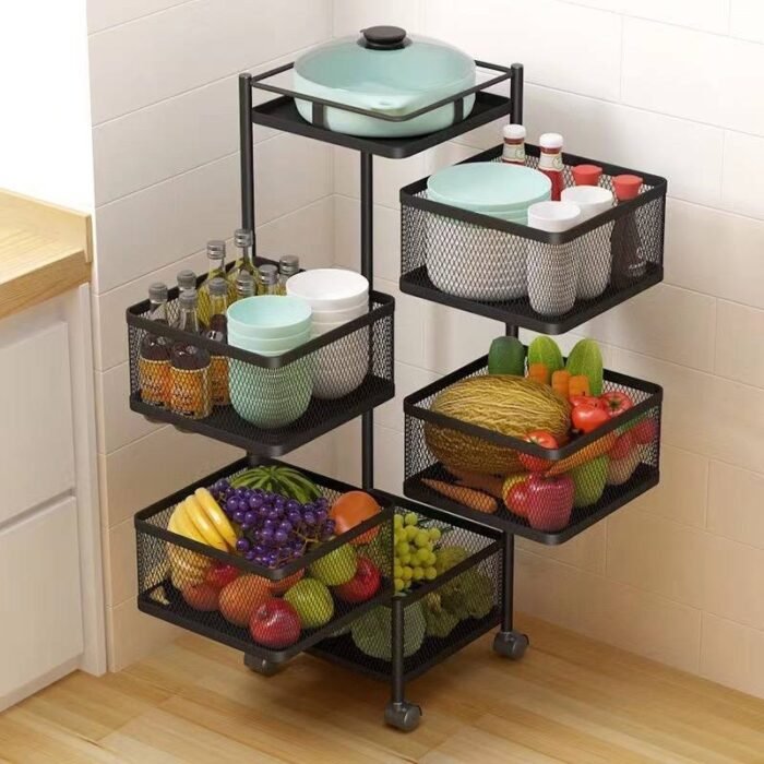 4 and 5 LAYER BOX SHAPE 360 DEGREE ROTATING FRUIT,VEGETABLE TROLLEY RACK WITH WHEELS 

Can be used in the Kitchen,Bathroom,Bedroom,Living room and office - Image 6