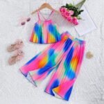 TRICIA SUMMER GIRLS STRIPED SLEEVELESS STRAP TOP AND PLEATED PALAZZO PANT
