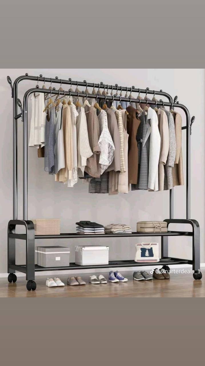 img_2428-2 48KG QUALITY THICK DOUBLE IRON POLE/DOUBLE STEP CLOTHE RACK WITH TYRE(EXACT WEIGHT) BIGGEST SIZE 120*45*160CM - Image 1