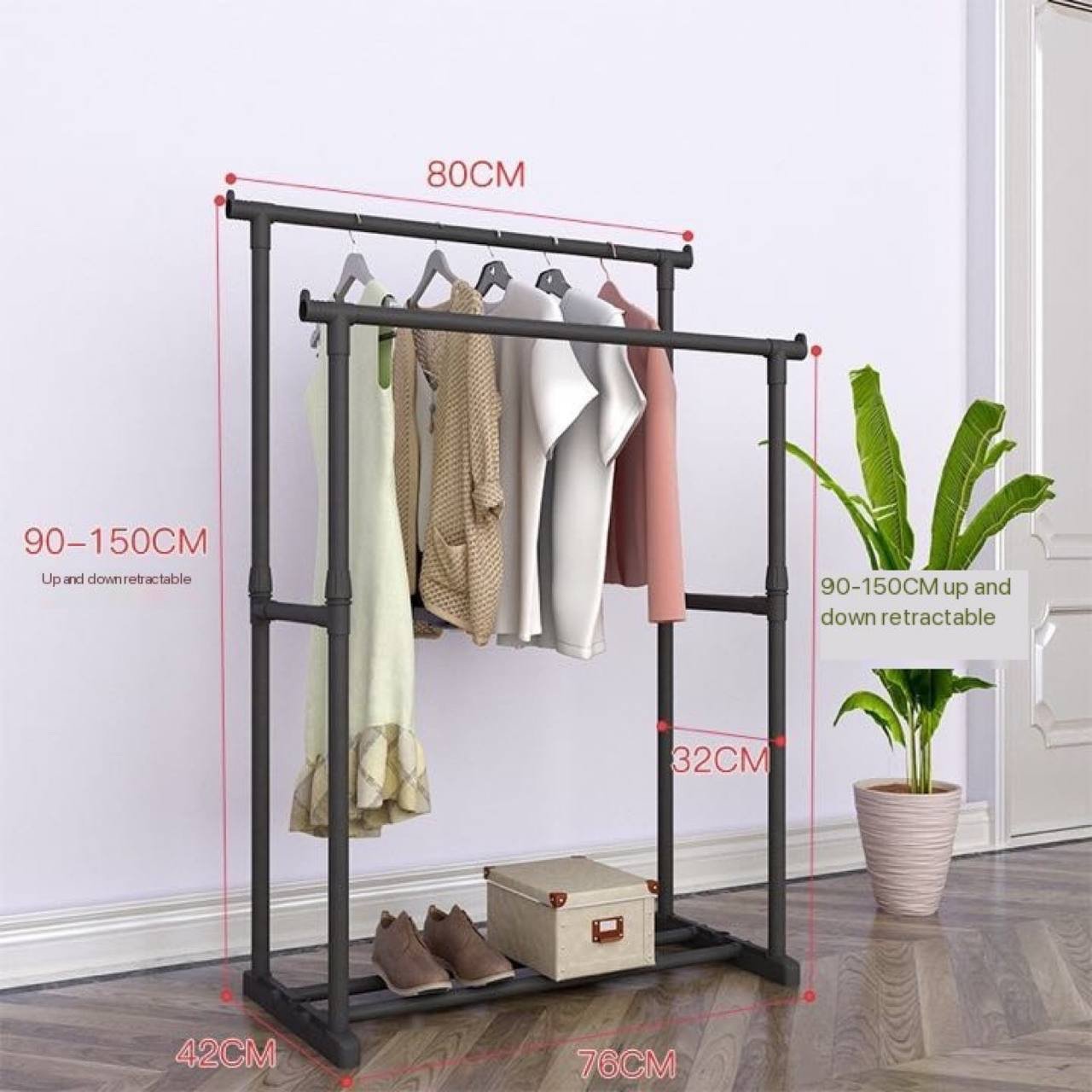 img_2430 THICK QUALITY STRONG ROD DOUBLE POLE TELESCOPIC RETRACTABLE CLOTHE RACK 80CM BY 90-150CM - Image 1