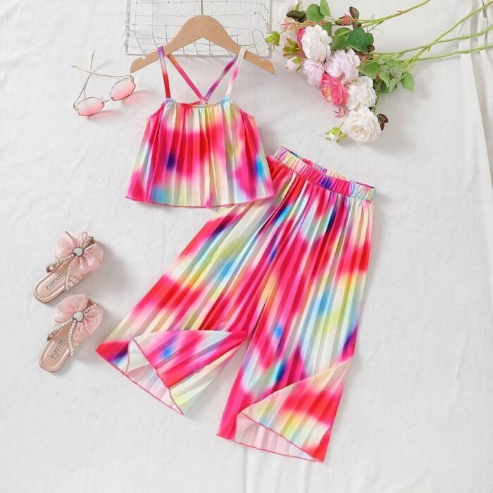 TRICIA SUMMER GIRLS STRIPED SLEEVELESS STRAP TOP AND PLEATED PALAZZO PANT - Image 2