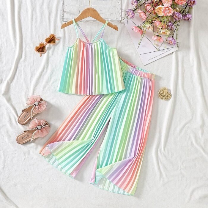 TRICIA SUMMER GIRLS STRIPED SLEEVELESS STRAP TOP AND PLEATED PALAZZO PANT - Image 3