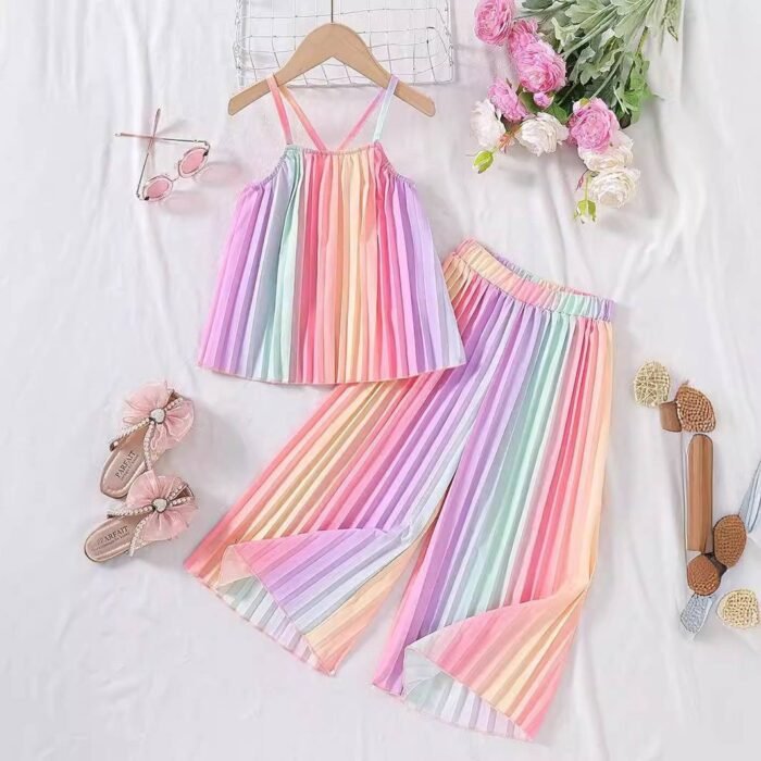 TRICIA SUMMER GIRLS STRIPED SLEEVELESS STRAP TOP AND PLEATED PALAZZO PANT - Image 4