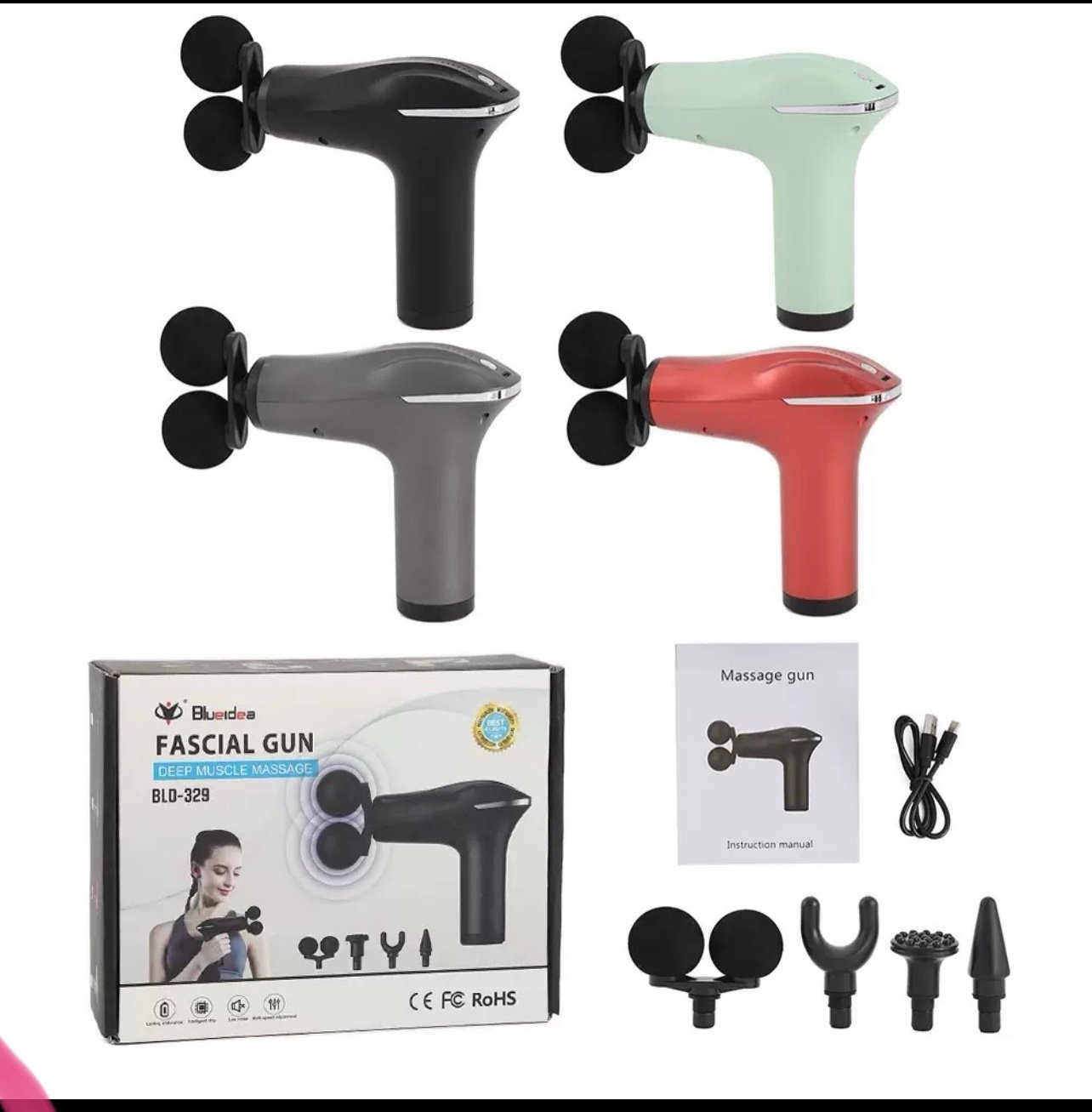 img_4973-2 DOUBLE MOUTH FASCIAL GUN DEEP MUSCLE ELECTRIC BODY RELAXATION MASSAGER WITH 4 REPLACEABLE HEAD - Image 1