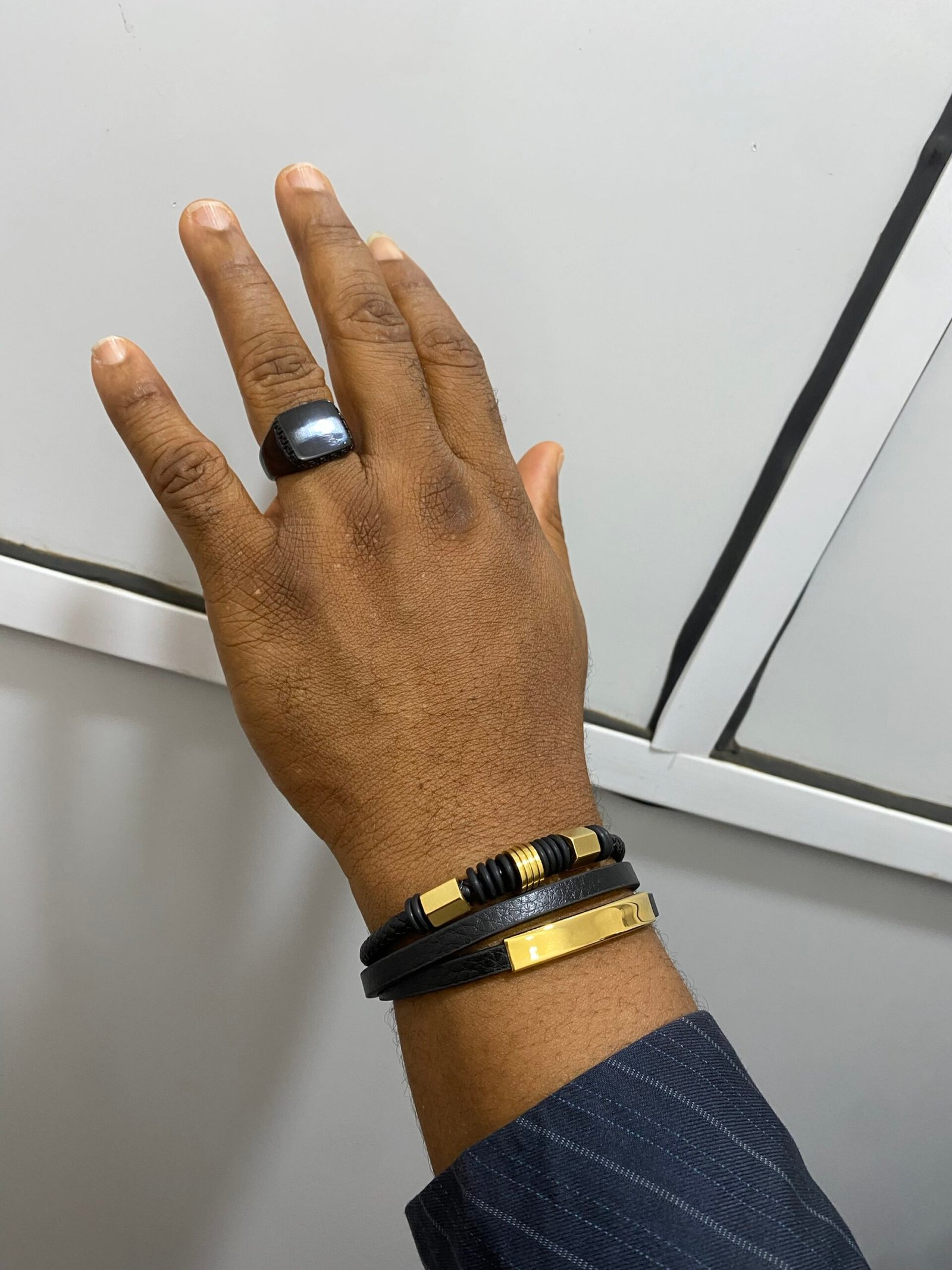 img_4580 QUALITY MEN’S MULTI-LAYERED LEATHER AND GOLD STAINLESS STEEL BRACELET - Image 1