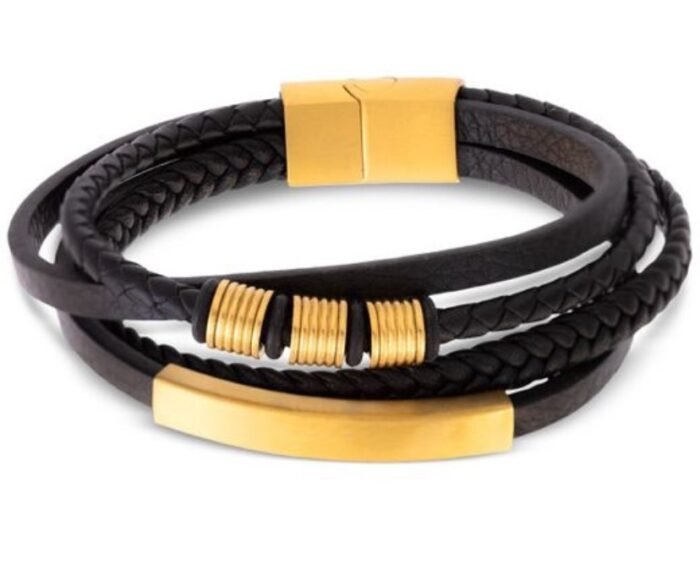 QUALITY MEN’S MULTI-LAYERED LEATHER AND GOLD STAINLESS STEEL BRACELET - Image 3