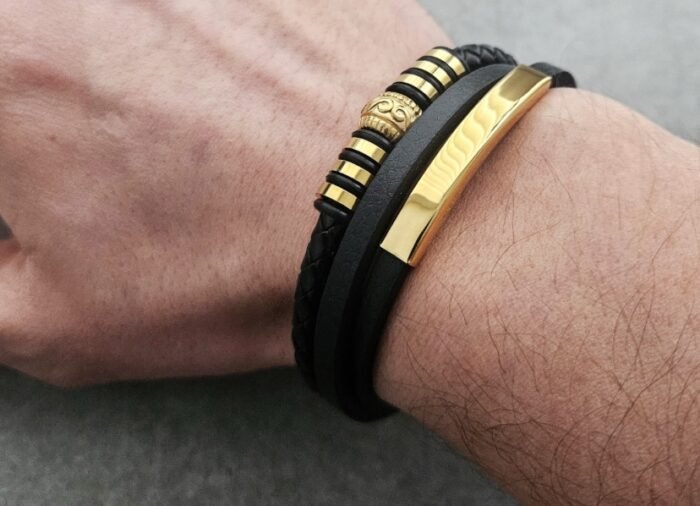 QUALITY MEN’S MULTI-LAYERED LEATHER AND GOLD STAINLESS STEEL BRACELET - Image 5