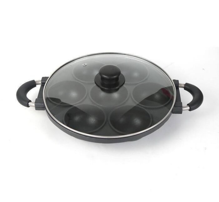 SMP 7 HOLES ROUND  SHAPE NON STICK MASA/BEAN CAKE PAN WITH GLASS LID/COVER AND 2 SILICON - Image 2
