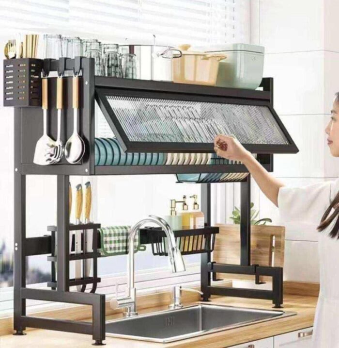 85CM DOUBLE STEP DUST PROOF OVER THE SINK SHELF,DISH RACK,CUTLERY/UTENSILS HOLDER - Image 4